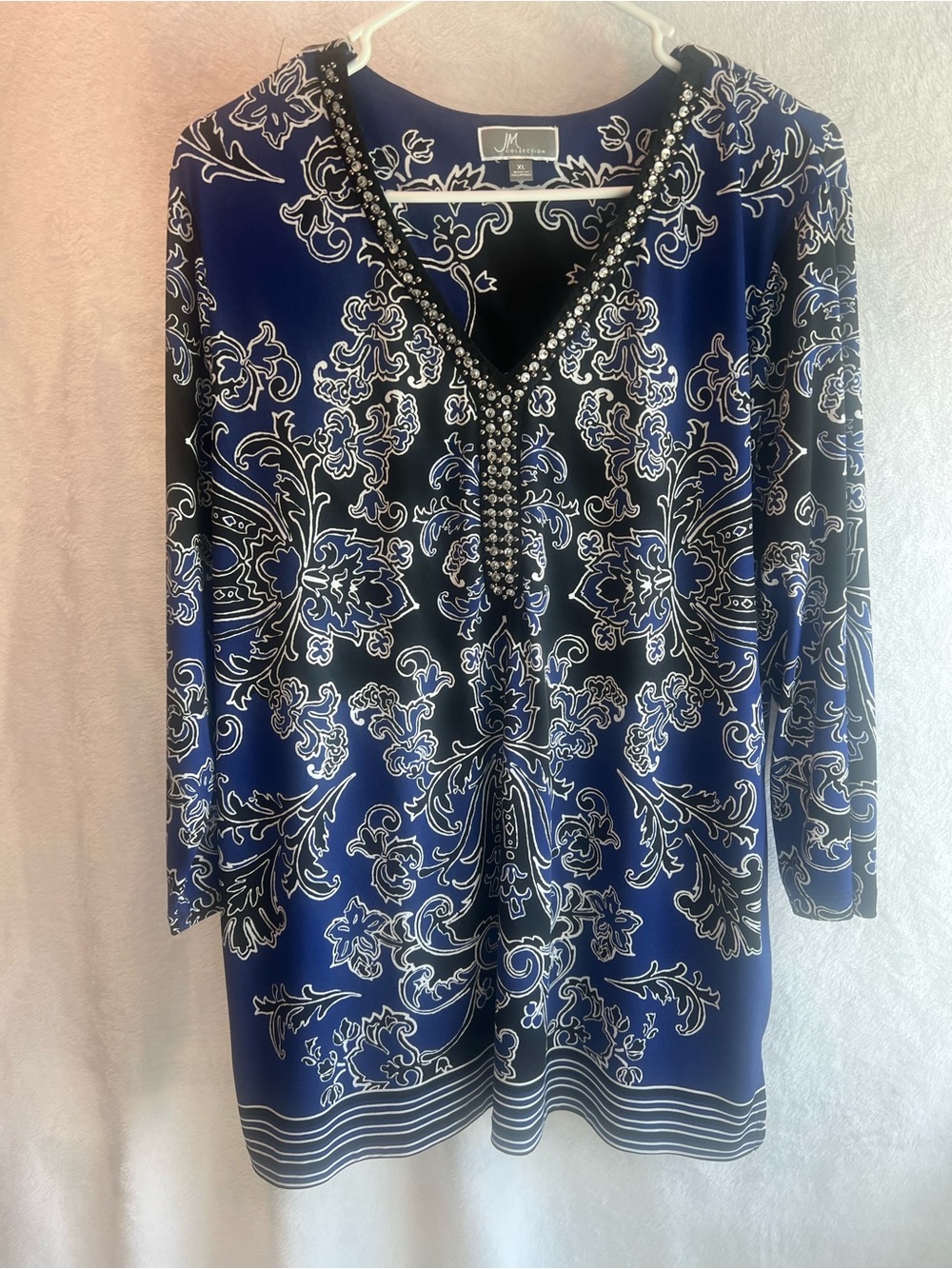JM Collection Navy and Black Floral V-Neck Tunic with Embellished Trim